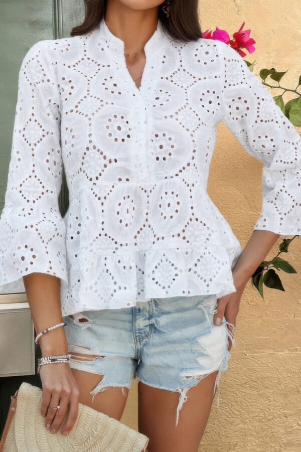 Half-Button Flounce Sleeve Peplum Blouse