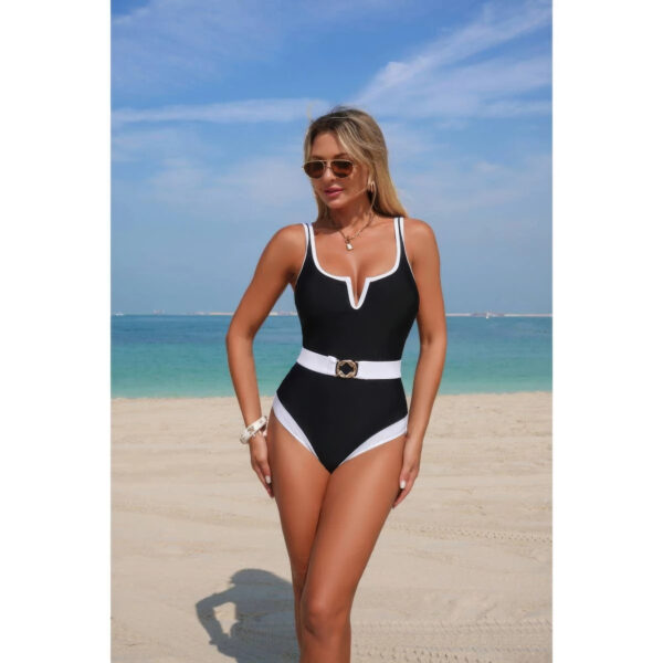 Colorblock One-Piece Swimsuit with Metal Buckle Belt