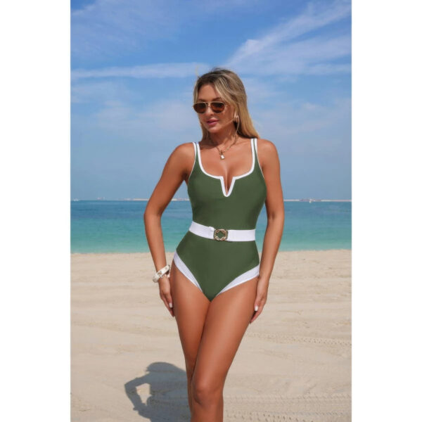 Colorblock One-Piece Swimsuit with Metal Buckle Belt