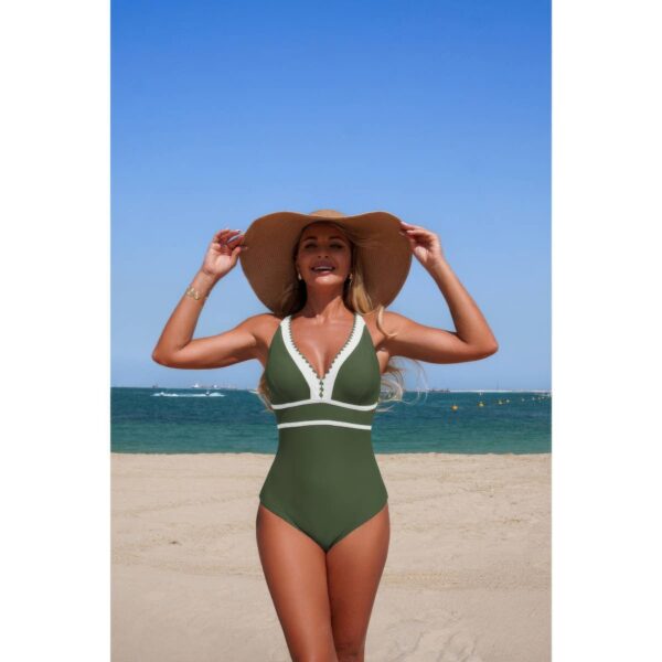 One-Piece Color Block V-Neck Swimsuit - Quick-Dry