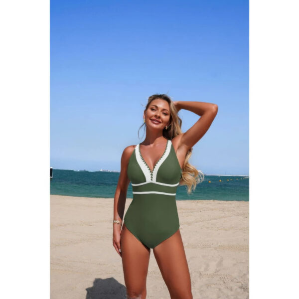 One-Piece Color Block V-Neck Swimsuit - Quick-Dry