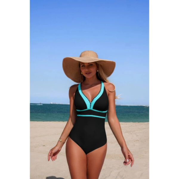 One-Piece Color Block V-Neck Swimsuit - Quick-Dry