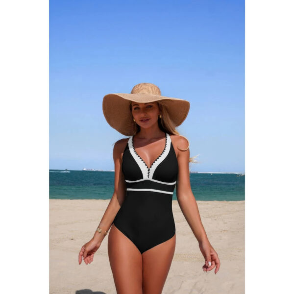 One-Piece Color Block V-Neck Swimsuit - Quick-Dry