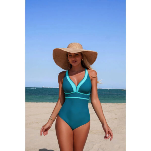 One-Piece Color Block V-Neck Swimsuit - Quick-Dry