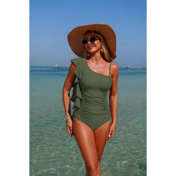 Asymmetric One-Shoulder Ruffle Swimsuit - Solid