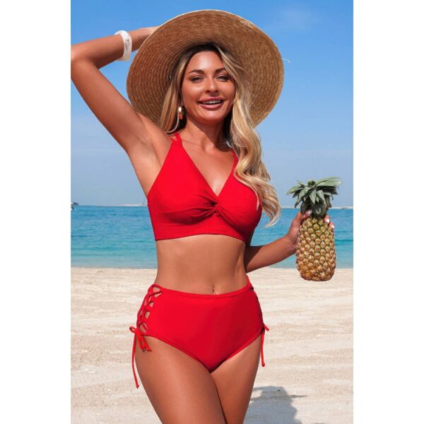 High-Waisted V-Neck Two-Piece Bikini with Cross-Side Detail