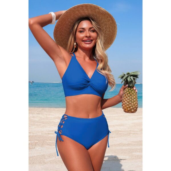 High-Waisted V-Neck Two-Piece Bikini with Cross-Side Detail