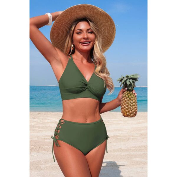 High-Waisted V-Neck Two-Piece Bikini with Cross-Side Detail