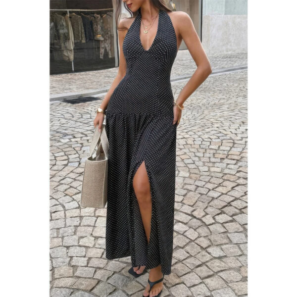 Vintage Polka Dot Halter Maxi Dress – Lightweight Stretch