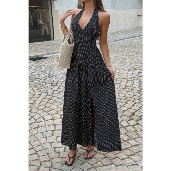 Vintage Polka Dot Halter Maxi Dress - Lightweight Stretch