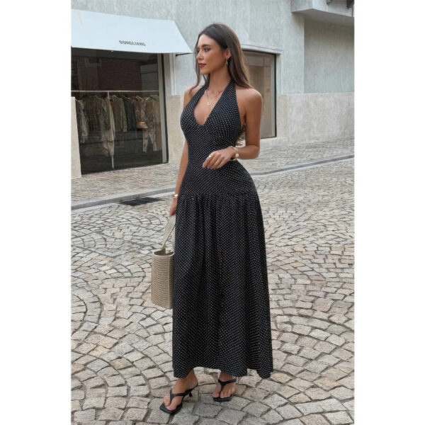 Vintage Polka Dot Halter Maxi Dress - Lightweight Stretch