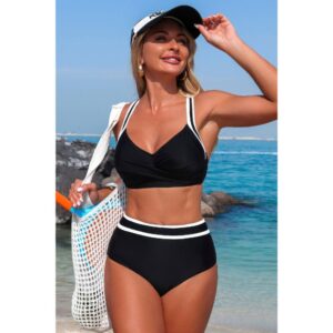 High-Waisted Cross-Front Bikini with Contrast Trim