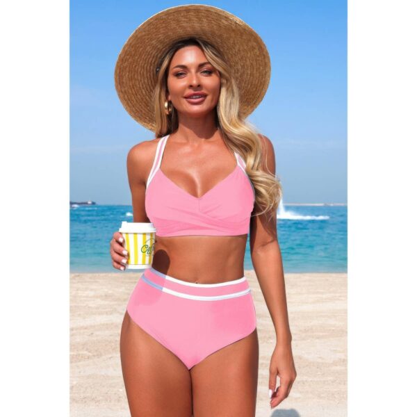 High-Waisted Cross-Front Bikini with Contrast Trim