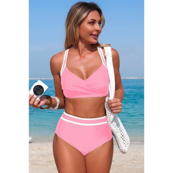 High-Waisted Cross-Front Bikini with Contrast Trim