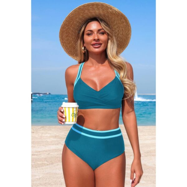 High-Waisted Cross-Front Bikini with Contrast Trim