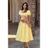 Square Neck Puff-Sleeve Midi Dress - Solid