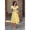 Square Neck Puff-Sleeve Midi Dress - Solid