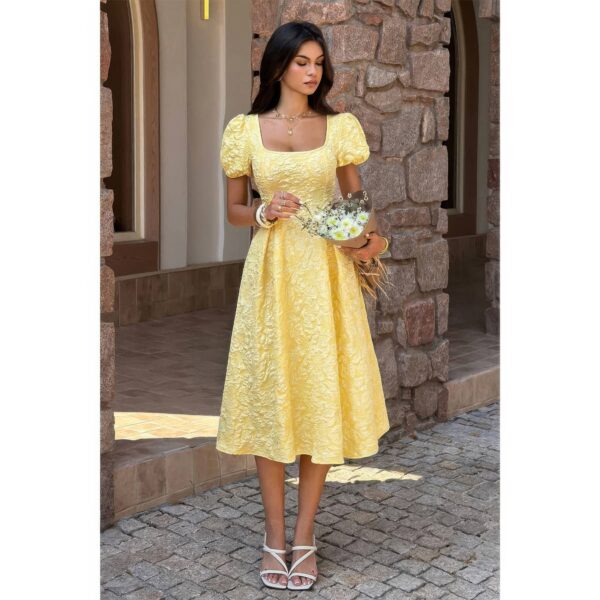 Square Neck Puff-Sleeve Midi Dress - Solid