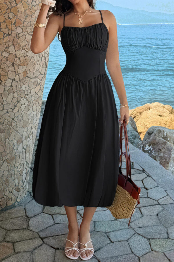 Sleeveless A-Line Dress with Ruched Bust - Solid