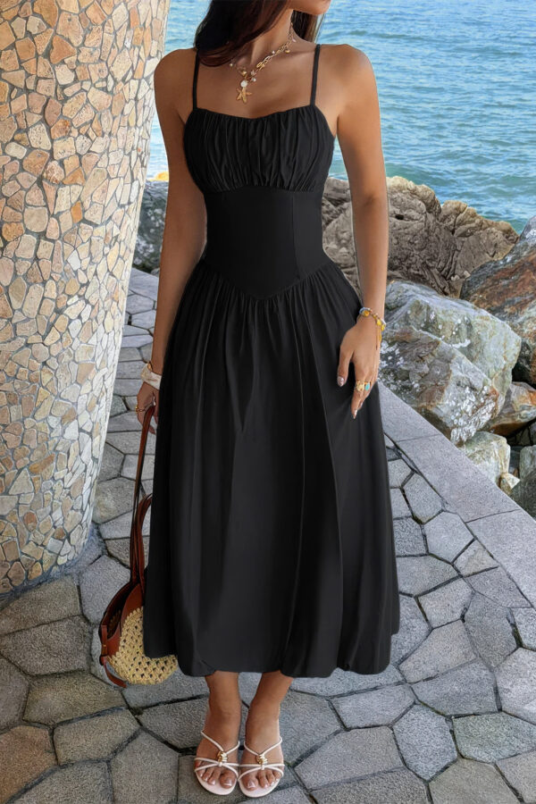 Sleeveless A-Line Dress with Ruched Bust - Solid