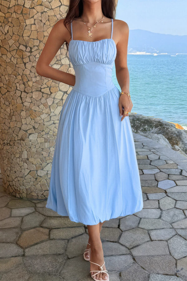 Sleeveless A-Line Dress with Ruched Bust - Solid