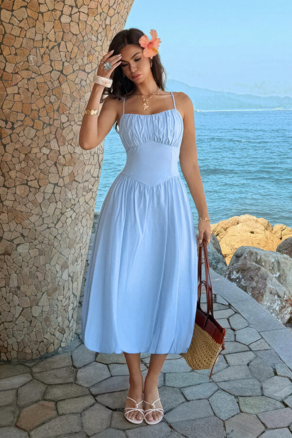 Sleeveless A-Line Dress with Ruched Bust - Solid