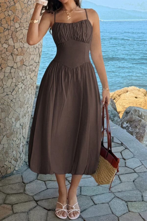 Sleeveless A-Line Dress with Ruched Bust - Solid