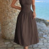 Sleeveless A-Line Dress with Ruched Bust - Solid