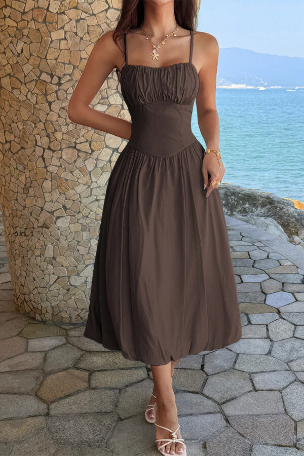 Sleeveless A-Line Dress with Ruched Bust - Solid