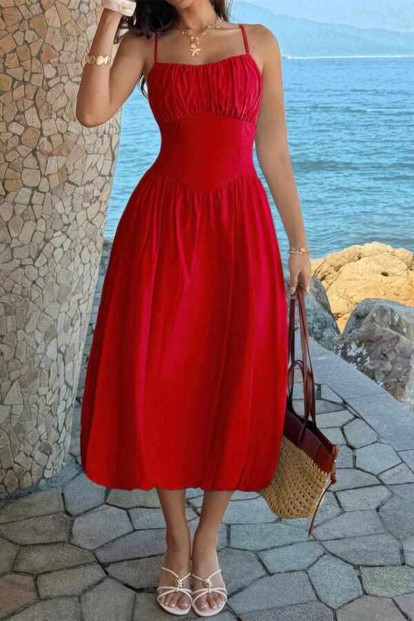 Sleeveless A-Line Dress with Ruched Bust - Solid