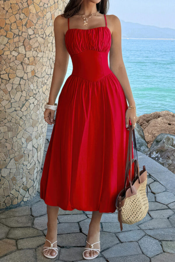 Sleeveless A-Line Dress with Ruched Bust - Solid