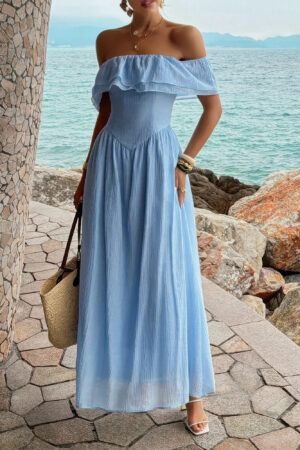 Off-Shoulder Corset Ruffle Maxi Dress – Lyocell Blend