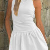 Boat Neck Mini Dress with Ruched Ruffle Hem