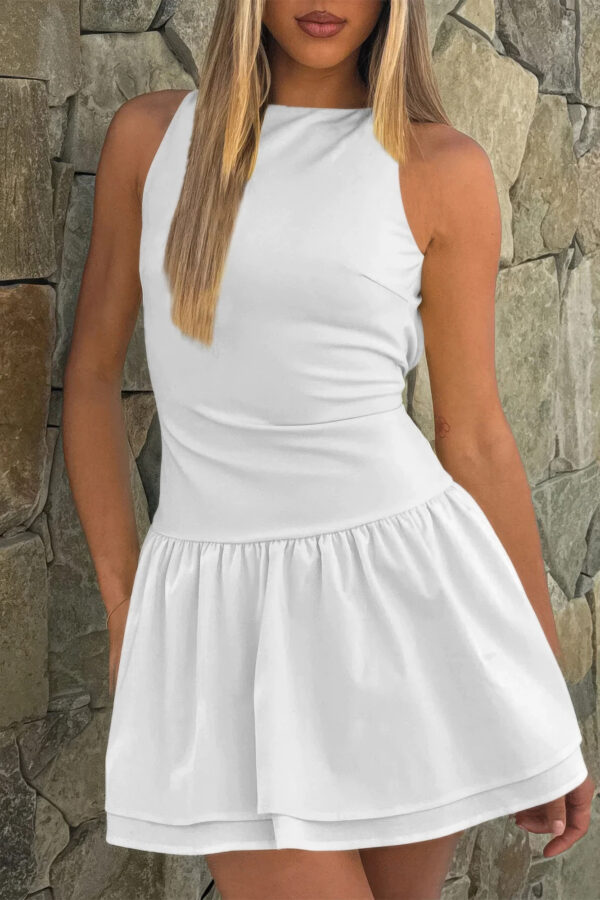 Boat Neck Mini Dress with Ruched Ruffle Hem