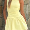 Boat Neck Mini Dress with Ruched Ruffle Hem