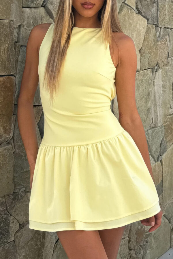 Boat Neck Mini Dress with Ruched Ruffle Hem