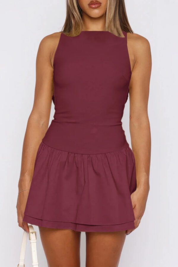 Boat Neck Mini Dress with Ruched Ruffle Hem