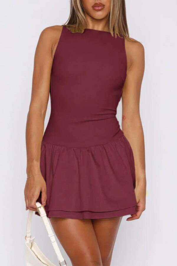 Boat Neck Mini Dress with Ruched Ruffle Hem