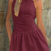 Boat Neck Mini Dress with Ruched Ruffle Hem