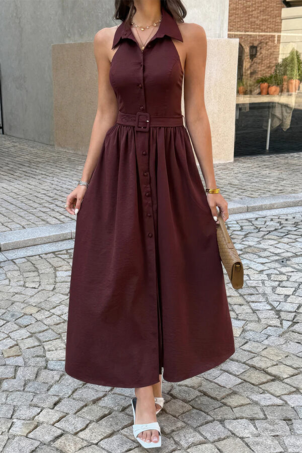 Collared Belt A-Line Midi Dress