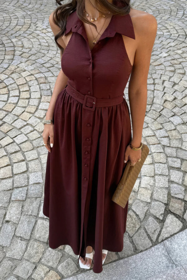 Collared Belt A-Line Midi Dress