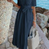 Turn-Down Collar A-Line Dress with Side Pockets