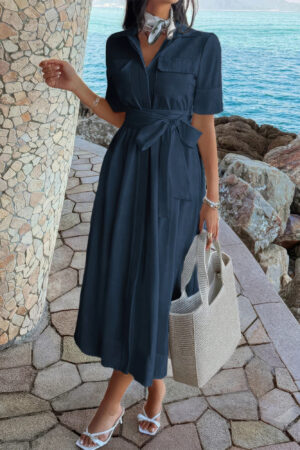 Turn-Down Collar A-Line Dress with Side Pockets