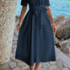 Turn-Down Collar A-Line Dress with Side Pockets
