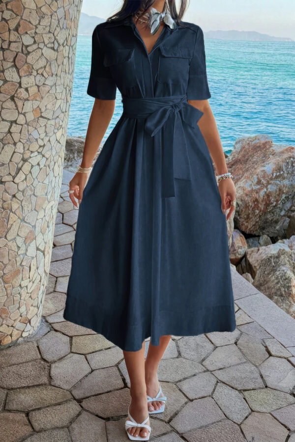 Turn-Down Collar A-Line Dress with Side Pockets