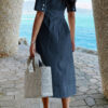 Turn-Down Collar A-Line Dress with Side Pockets