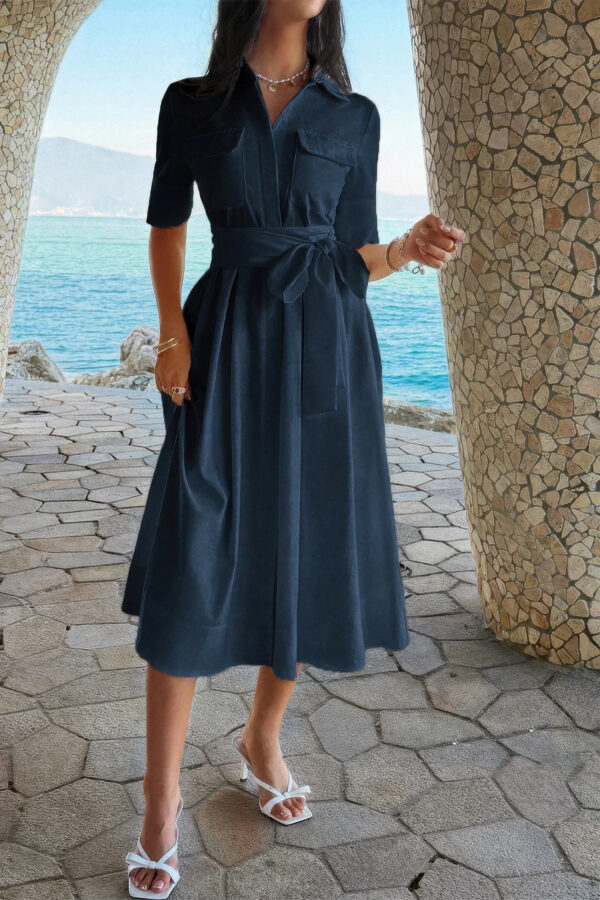 Turn-Down Collar A-Line Dress with Side Pockets
