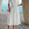 Turn-Down Collar A-Line Dress with Side Pockets