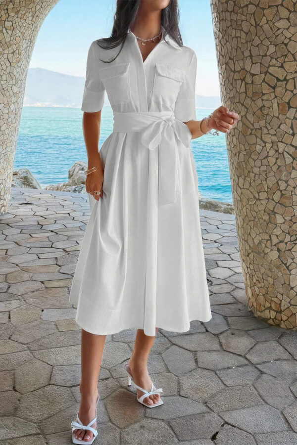 Turn-Down Collar A-Line Dress with Side Pockets