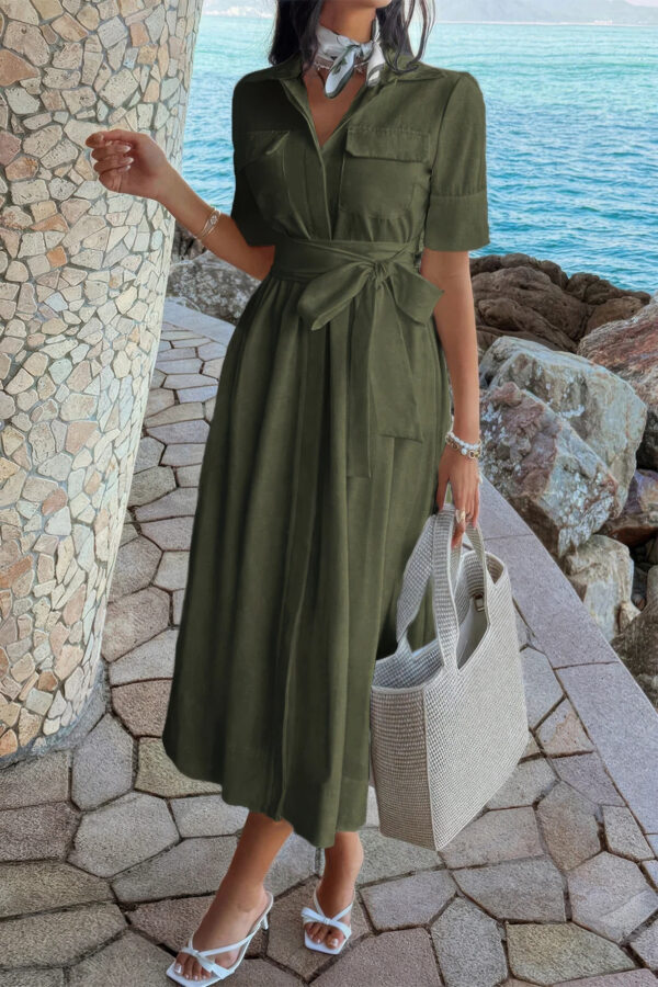 Turn-Down Collar A-Line Dress with Side Pockets